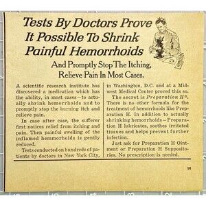 Preparation H Ointment "Possible to Shrink Painful Hemorrhoids"Vtg Print Ad 1968